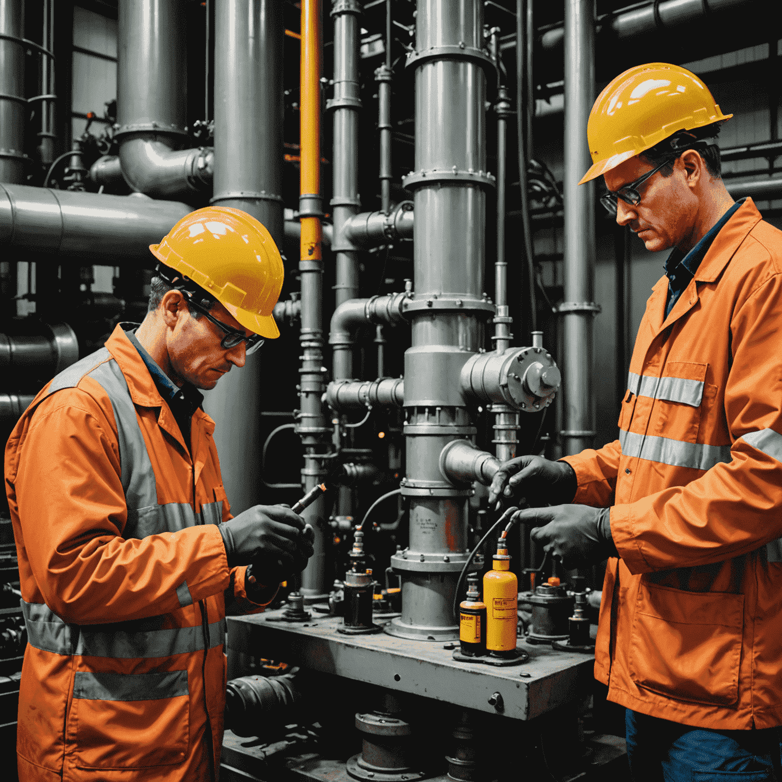 Various oil equipment being maintained by technicians, showcasing different maintenance services like inspections, repairs, and upgrades