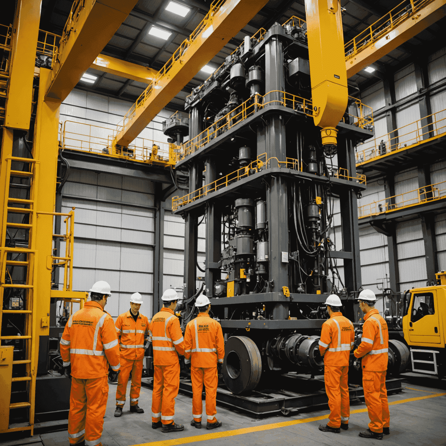 Oil rig equipment undergoing preventive maintenance, with technicians inspecting and servicing various components