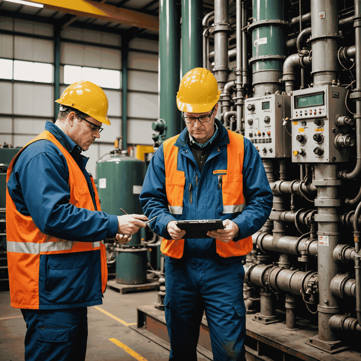 Technicians performing preventive maintenance on oil equipment, with charts showing extended equipment lifespan