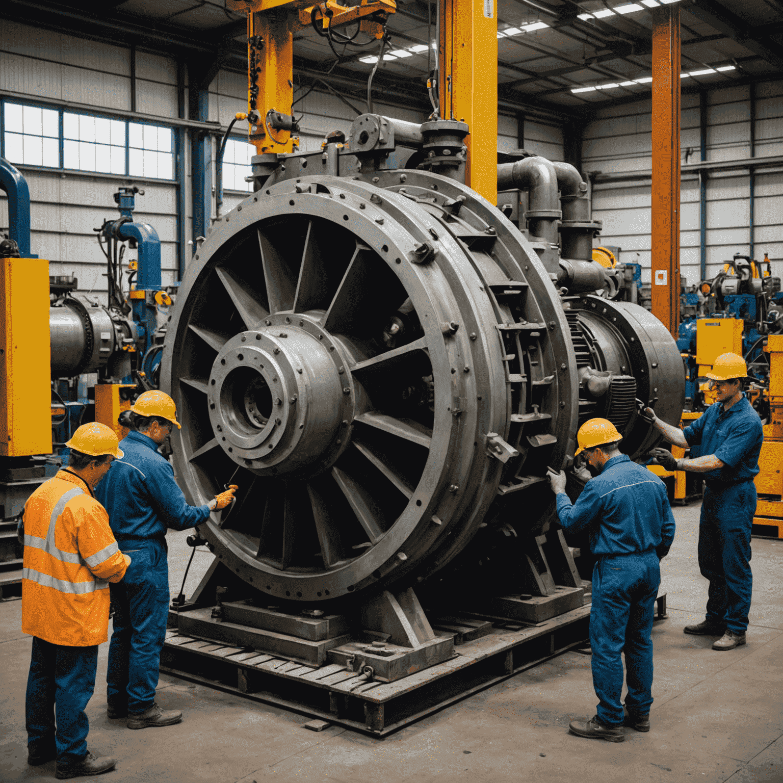 Engineers disassembling a large industrial pump in a workshop, with various parts and specialized tools spread out